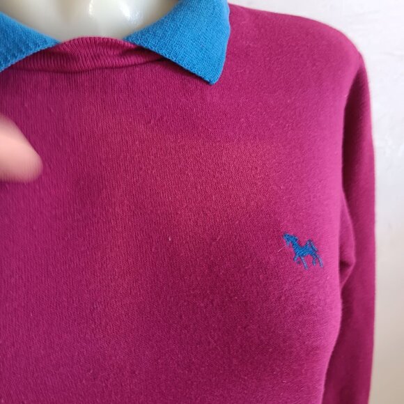 Women's Small Vintage 80's Sweatshirt Magenta Blue Collar Embroidered Horse Logo - Picture 6 of 7